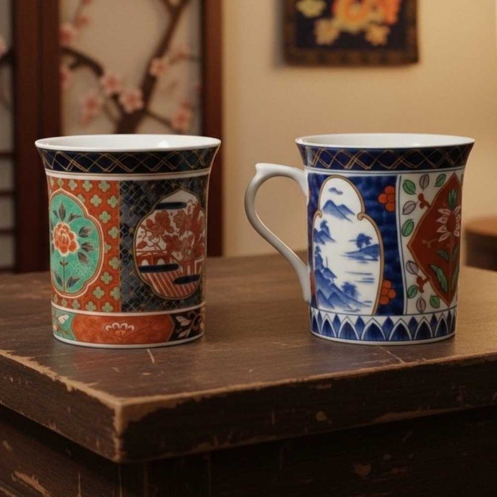 Amari Takahashi Porcelain Floral Coffee Mugs, Set of 2, Asian Inspired Cups